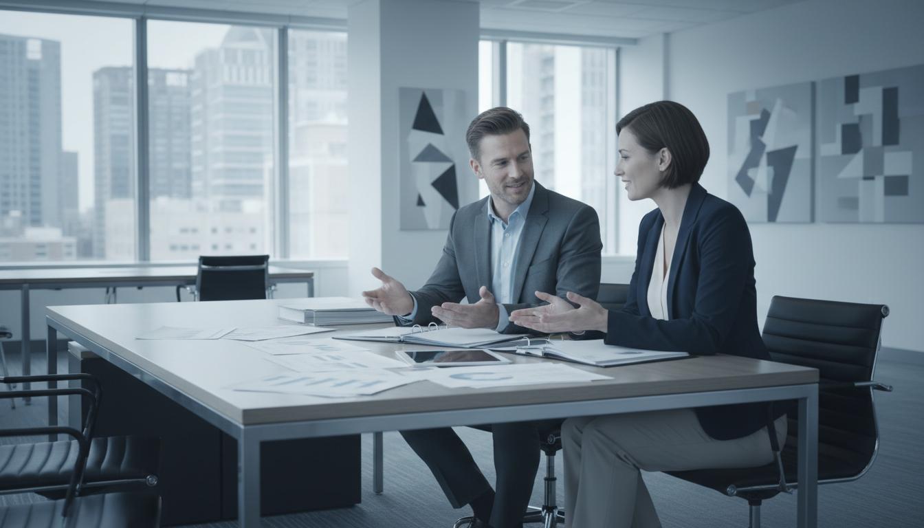 Pareja revisando documentos de crédito con asesor financiero